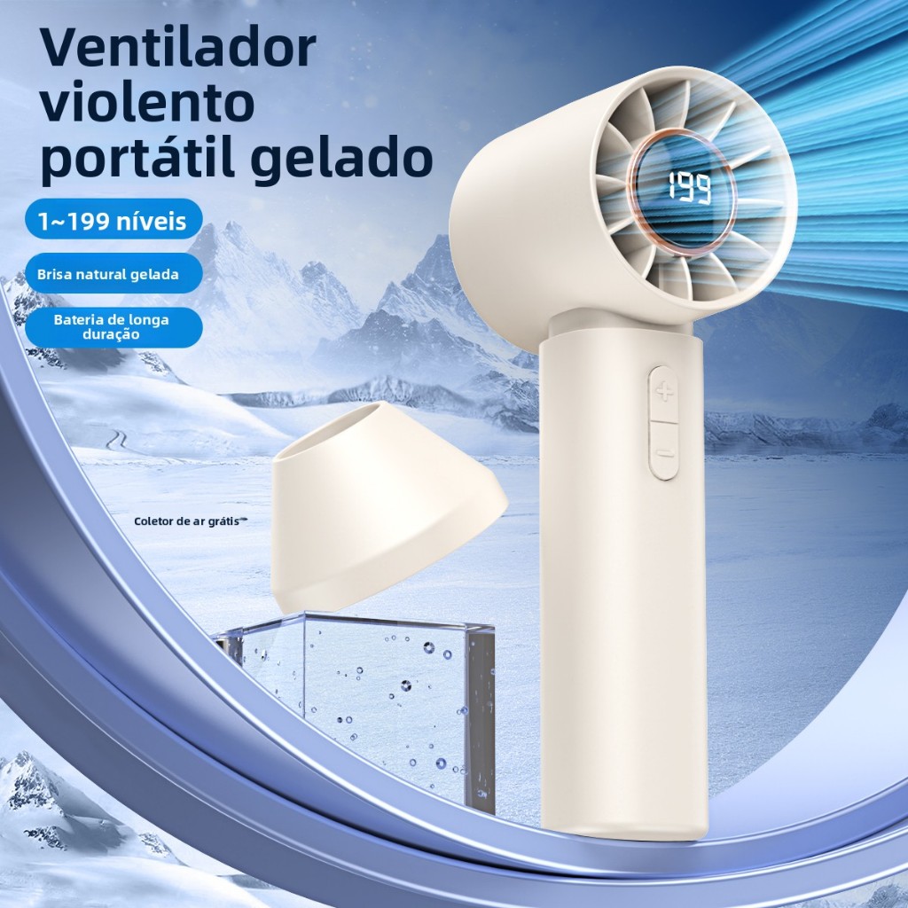 Ventilador Portátil Forte USB 199 Níveis | Mini Jato Turbinado Silencioso Display LED