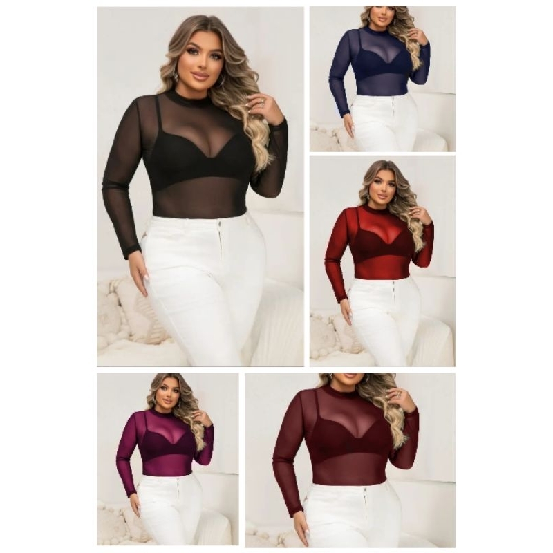 Body Tule Liso Transparente – Manga Longa | Várias Cores | Elegante & Confortável | Tam. P a G (36–42)