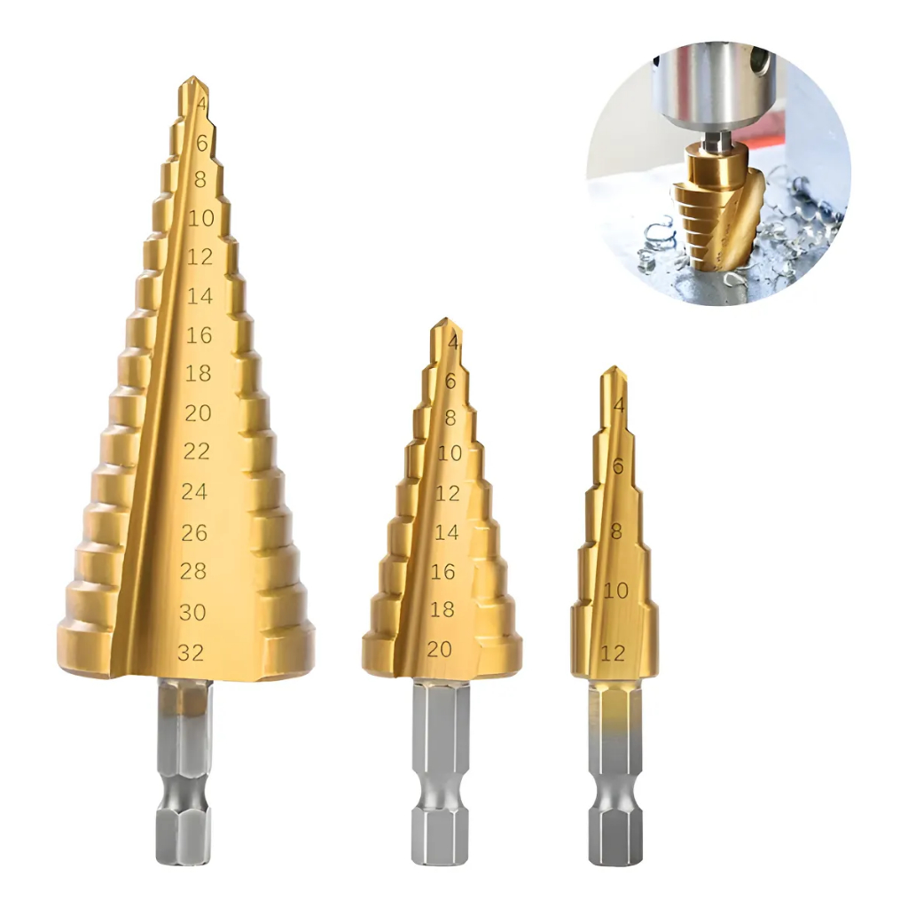 Kit De Perfuração Compacto Com 3 Brocas Escalonadas 4-12mm 4-20mm 4-32mm De Aço Titânio