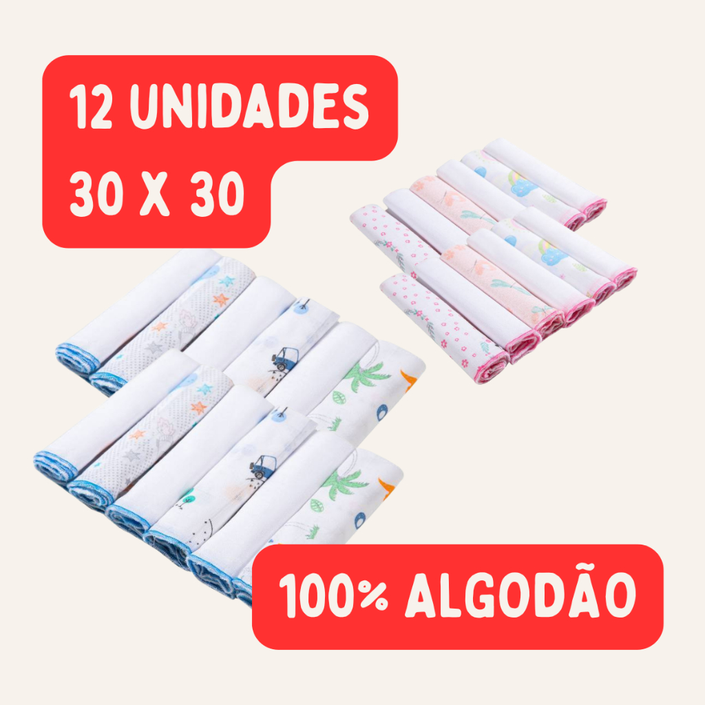 Pano de Boca 100%algodao 12 unidades 30x30cm Papi Macias
