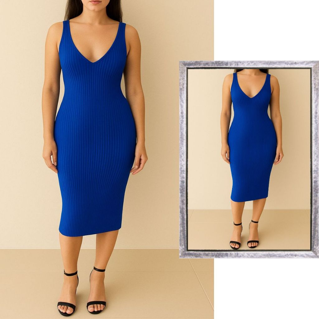 Vestido Midi Canelado casual Decote V Feminino Sexy Elegante