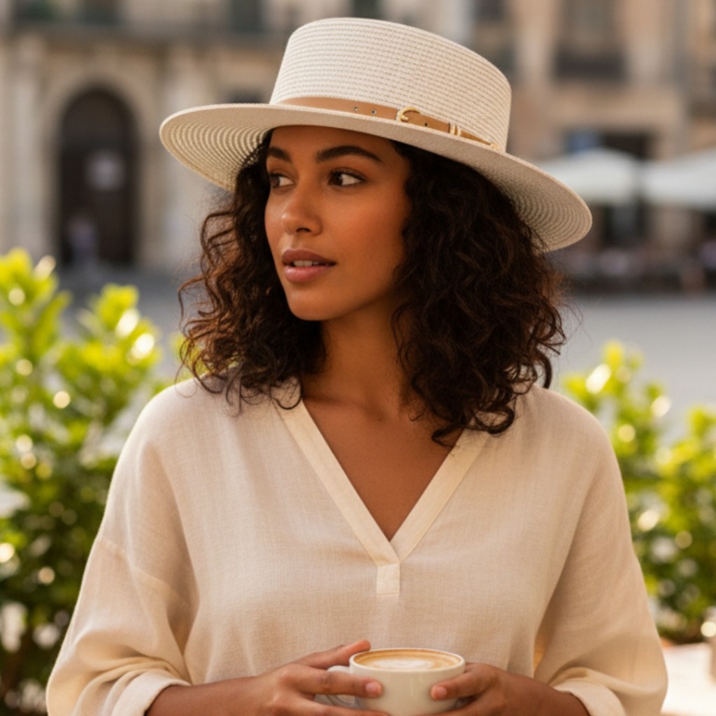 Chapéu Paris Palheta Boater com Fivela – Ajustável para Praia, Piscina e Moda Verão Letra R ou Liso