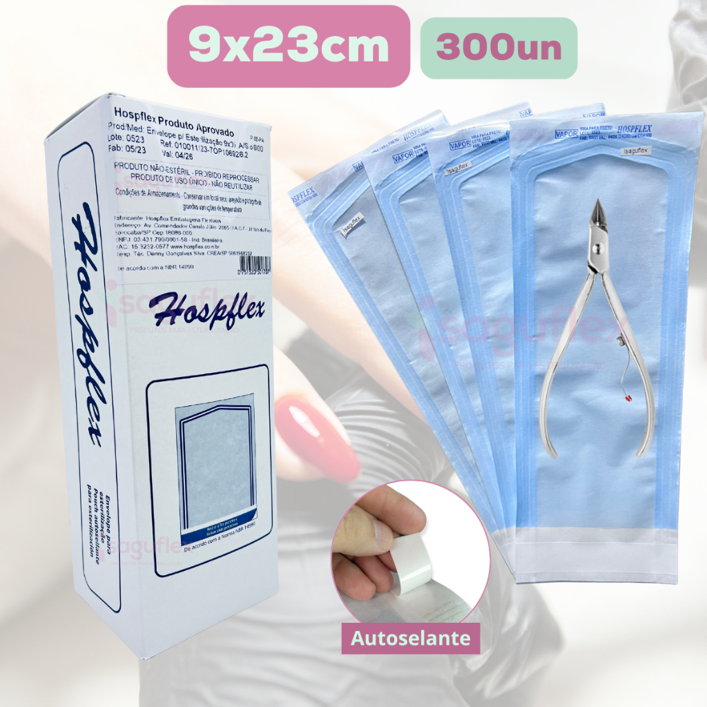 Envelope para esterilização 9x23cm c/ 300 unidades autoclave manicure dentista podologia