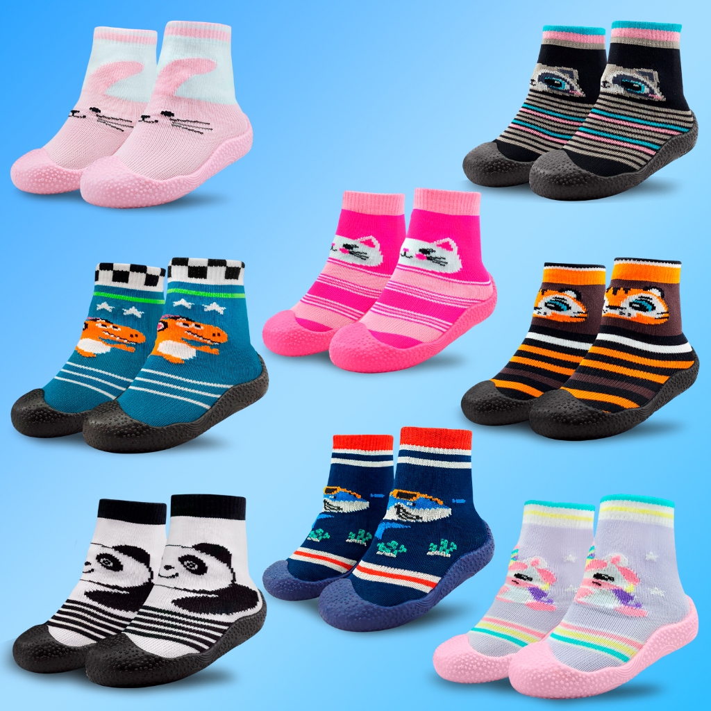 Kit 2 Pares Meia com Sola Bebê Sortida BB&Kids Emborrachada Estampas Antiderrapante Infantil Unissex