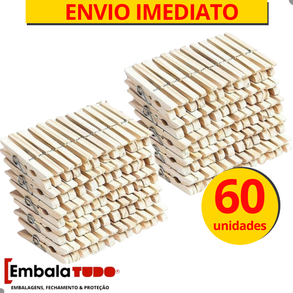 Prendedores Pregadores Roupa Madeira Artesanato Embalagem c/ 60 unidades Grampo de Madeira