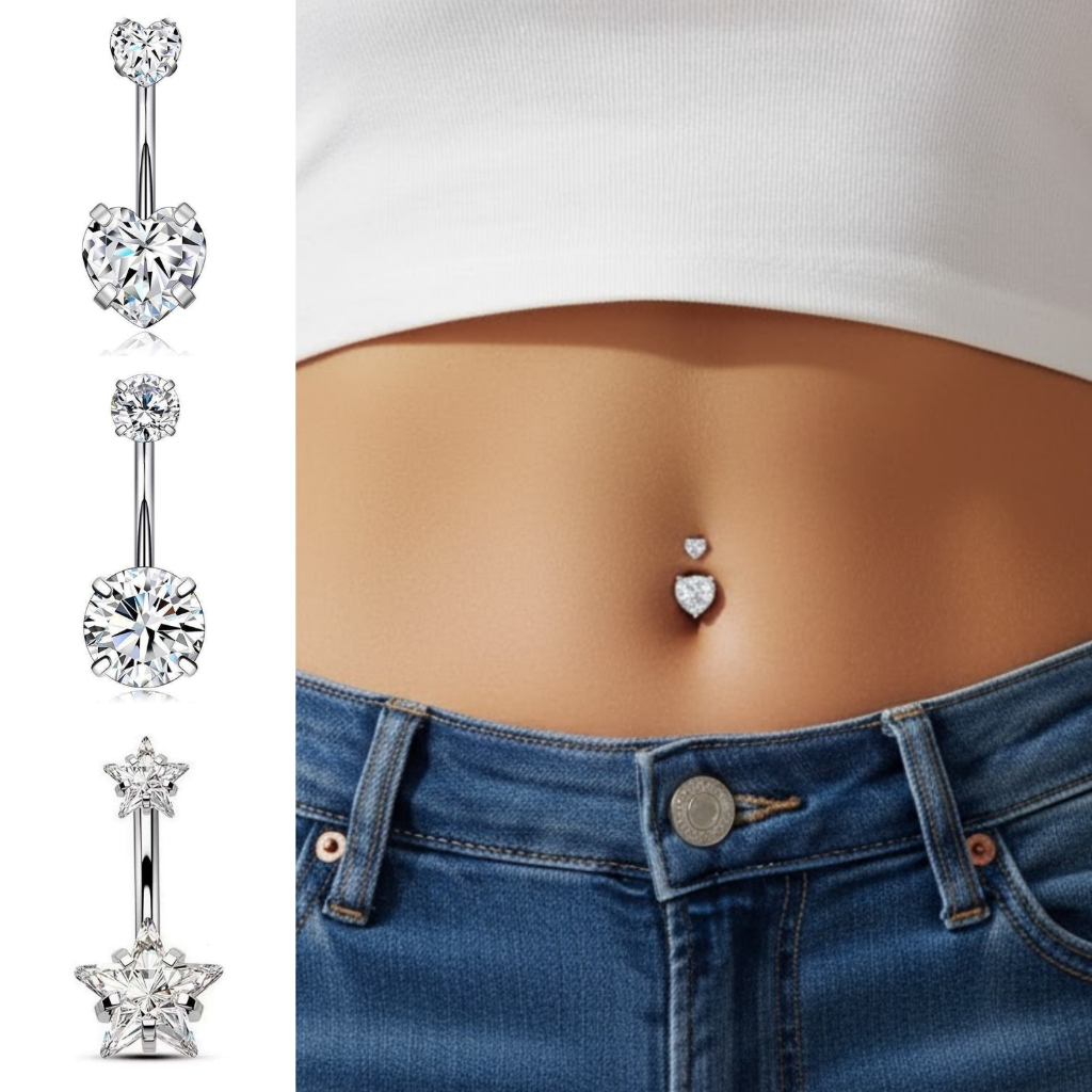 Piercings Umbigo Ponto de Luz Duplo Zircônia Coração Estrela Hipoalergênico Aço Cirúrgico Acessórios Femininos