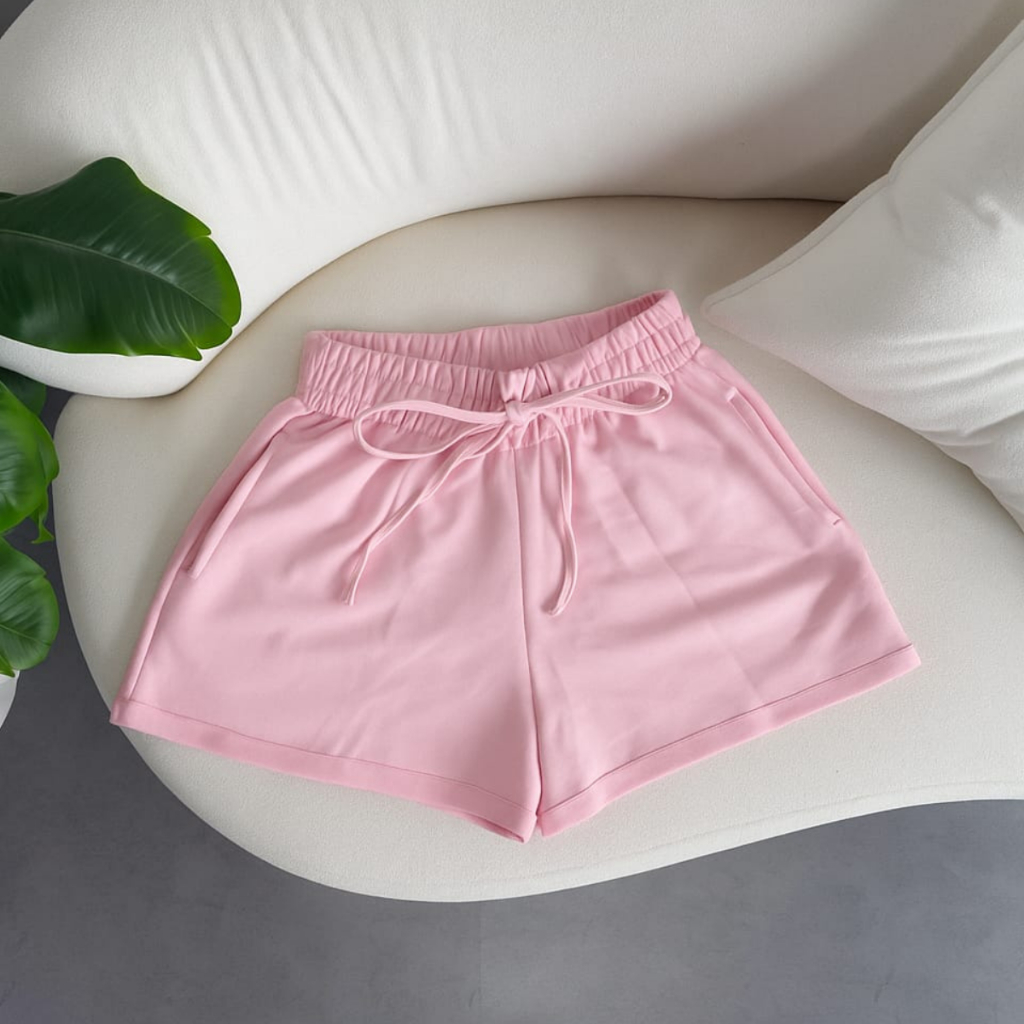 Short Feminino Moletinho Moletom Liso Bolso Lateral Elástico Cintura Cor Tendência