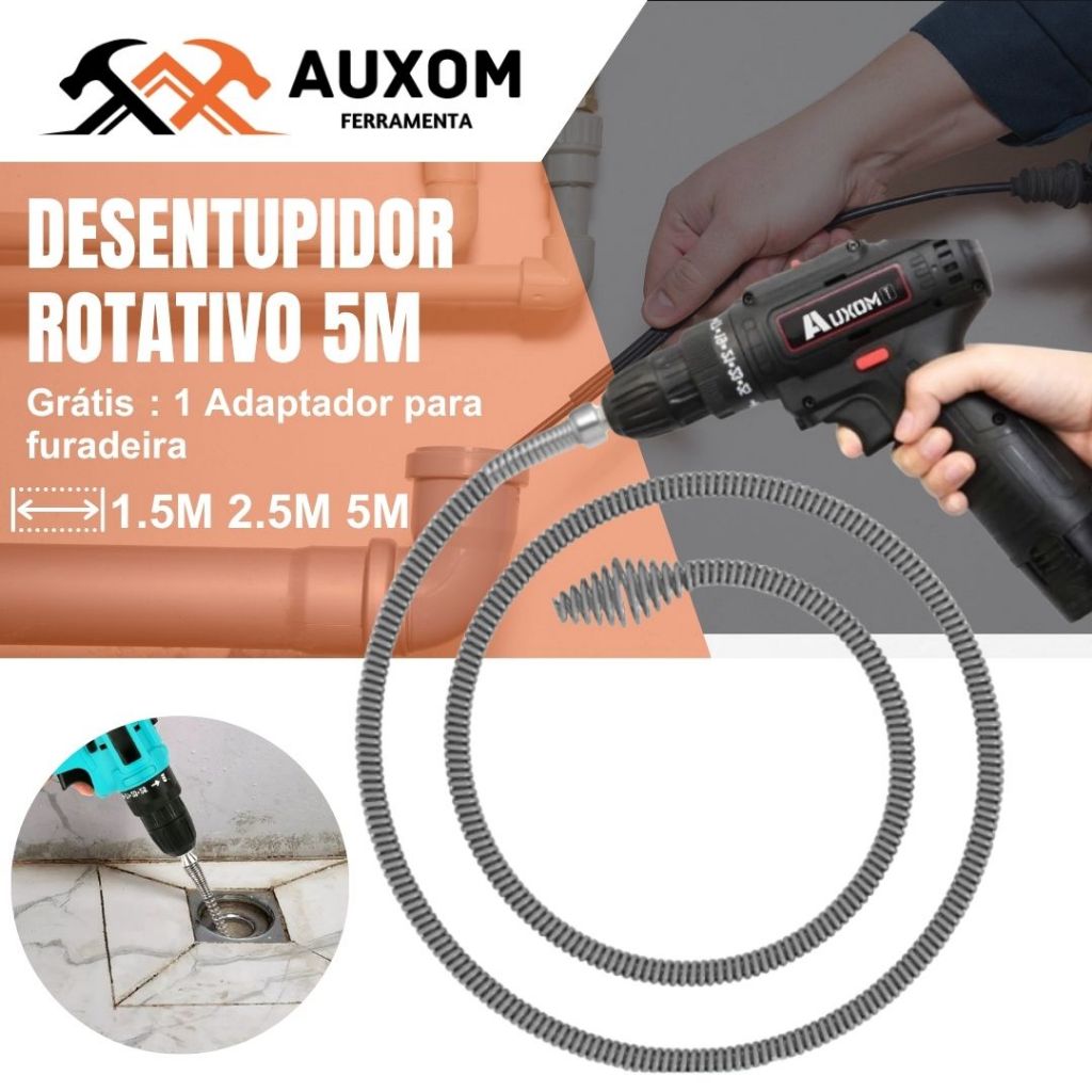 AUXOM Desentupidor Rotativo 5m + Adaptador p/ Furadeira Mola de Aço Ralo Pia Banheiro Cozinha Quintal Cano Calha
