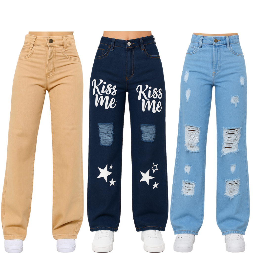 Combo 3 Calças Wide Leg Jeans e Sarja Juvenil 10 ao 16 Anos Premium