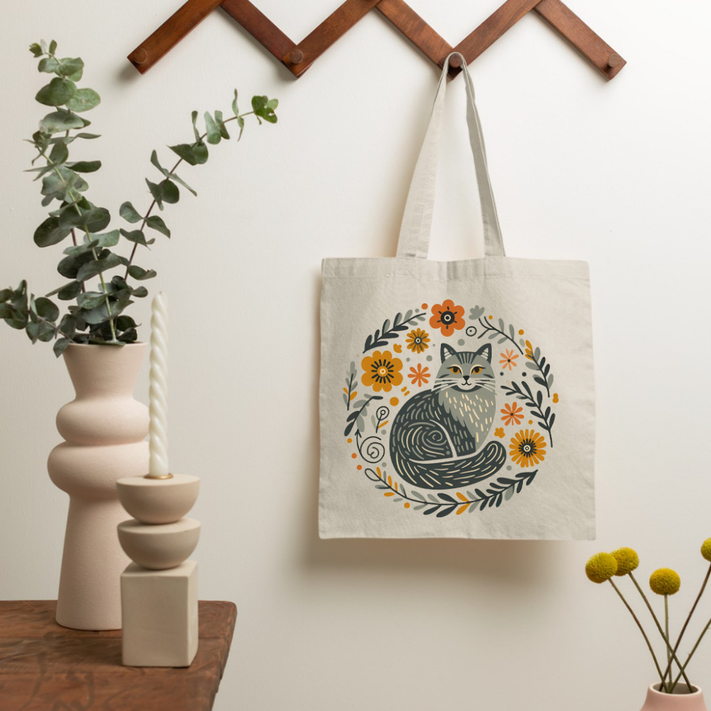 Bolsa Ecológica 100% Algodão Tecido Cru Reforçado Estampa Gatinho Com Detalhes Ecobag Espaçosa