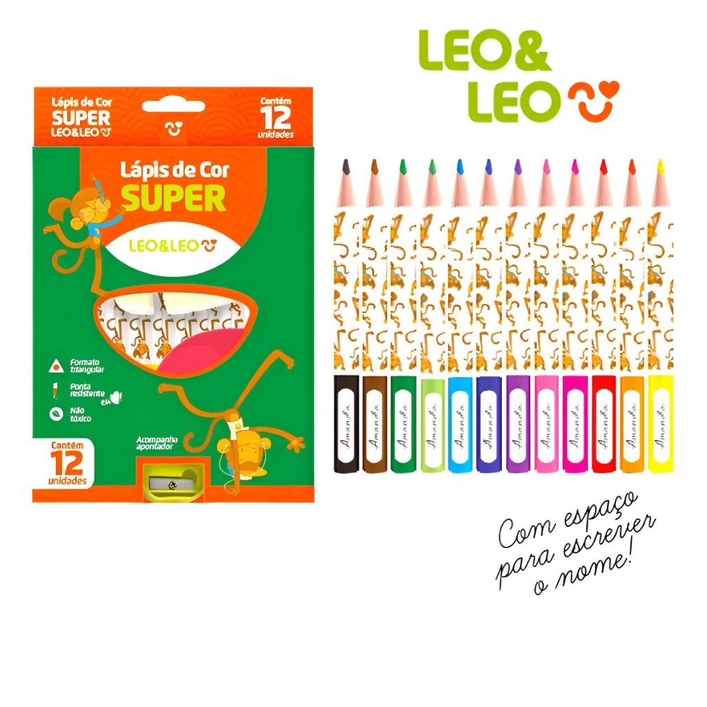Lápis Super Jumbo 12 Cores Grosso + Apontador Leo E Leo