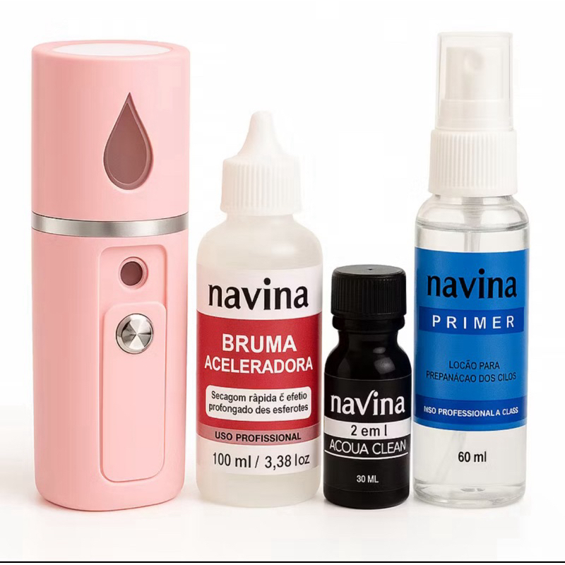 kit Retenção Extensão de cílios Navina com Nano Bruma Primer Finalizador Acqua Clean
