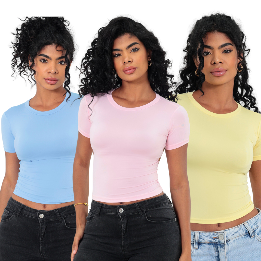 KIT 03 Baby Tee Feminina - Blusa Slim Fit Manga Curta Candy Colors - Blusa de Compressao - Candy Color