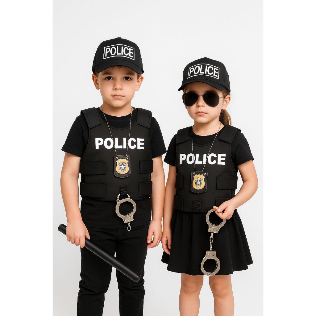 Fantasia Uniforme de Policia Luxo Completa Para Crianças Infantil Menina e Menino Dramatização 6 Acessórios