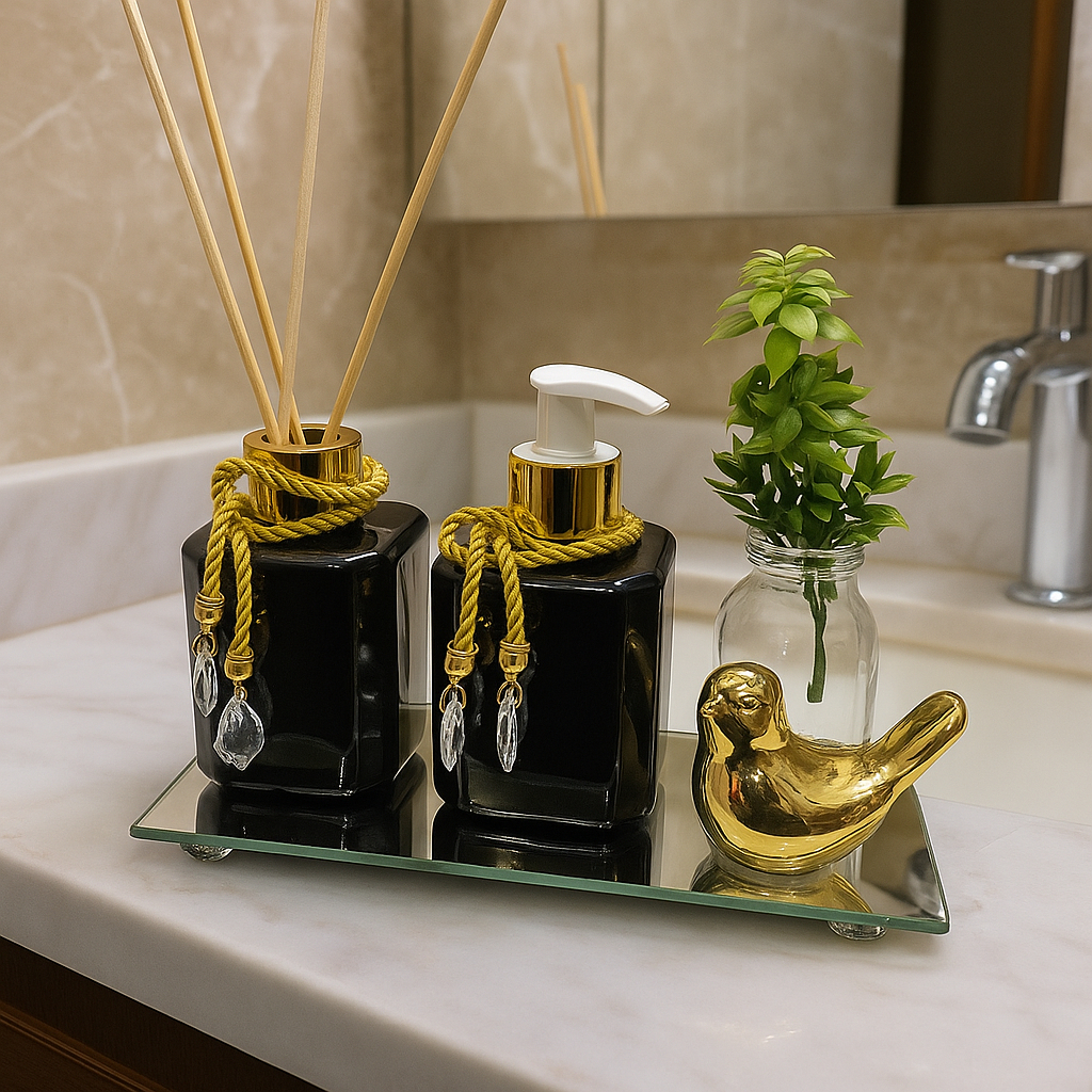 Kit Lavabo Completo Frasco Pet 200ml Aromatizador e Saboneteira Com Bandeja Vaso Planta e Passarinho