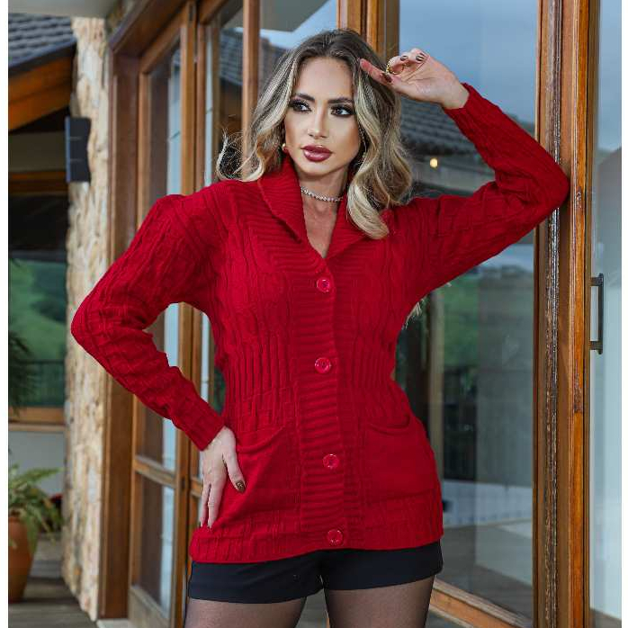 Casaco Feminino Inverno Grosso Cardigan Elegante Trança Lã