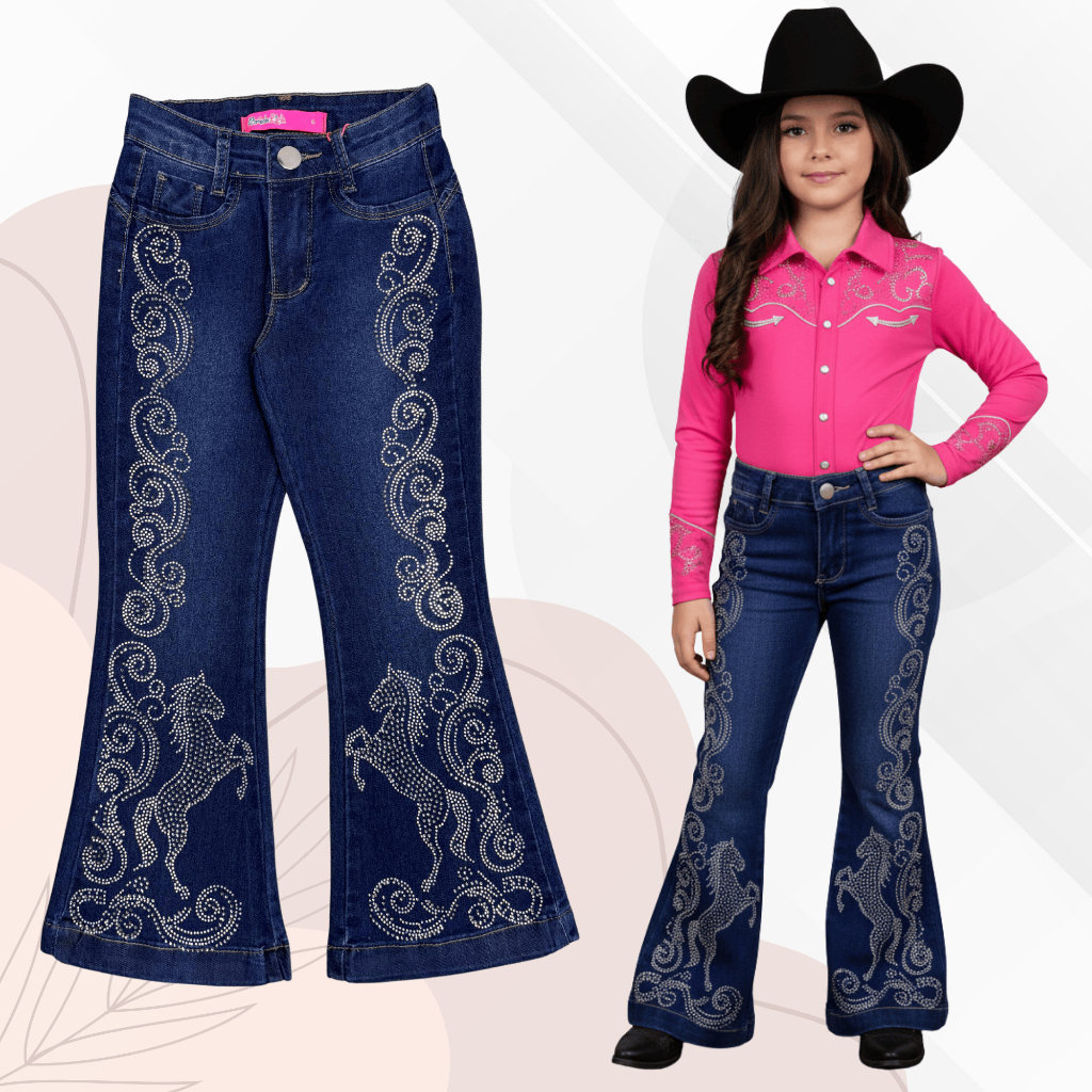 Calça Jeans Flare Feminina Infantil e Juvenil Meninas Com Strass Rodeio Ana Castela Calça de Boiadeira Country