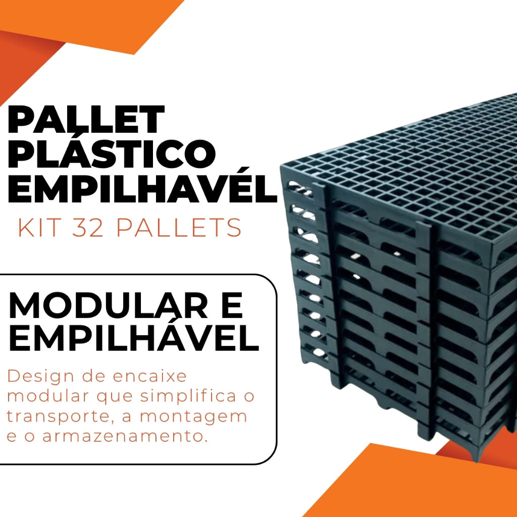 Kit 32 Palete De Plástico Estrado Pallet Piso Preto 2,5x25x50 Cm