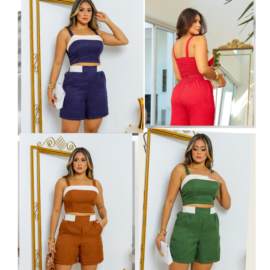 Conjunto Feminino Shorts e Cropped Tecido duna linho con elastico na cintura e forrado con bojo lastex nas costas