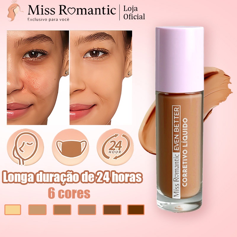Corretivo Líquido Miss Romantic 💖 Alta Cobertura, Textura Leve, Longa Duração e à Prova d’Água – 6 Cores Naturais