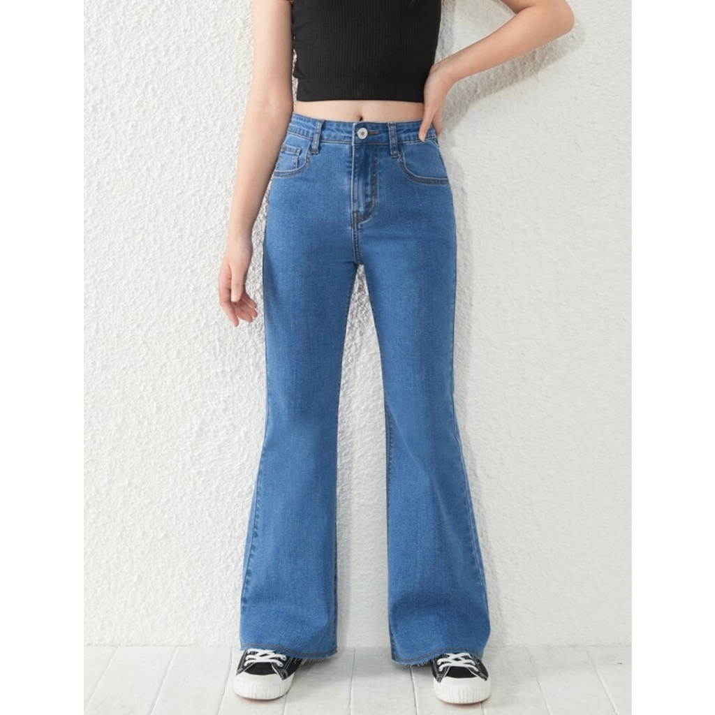Calça Jeans Feminina Flare Básica Bailarina de Menina Ajuste na Cintura Escolar Juvenil 10-16 Denim