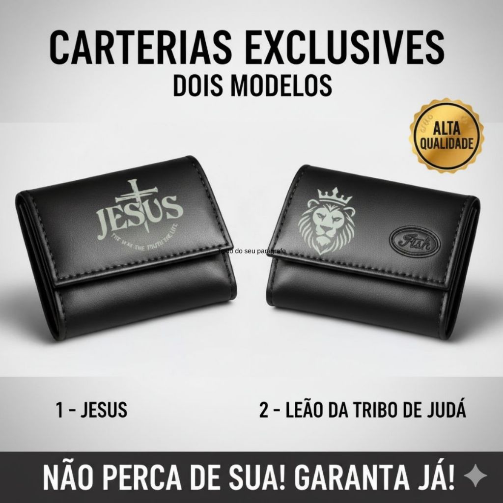 Carteira Masculina de Couro Sintético Preta Compacta Cartões CNH Cédulas Moedas jesus Leão - Envio Imediato
