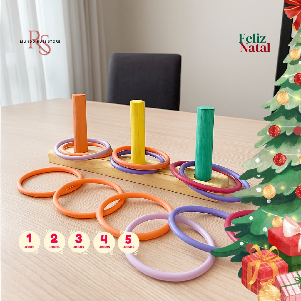 Jogo de Argolas Artesanal Natal Brincadeiras Prendas Festa Junina 3 Pinos e 10 Argolas - Cores Sortidas