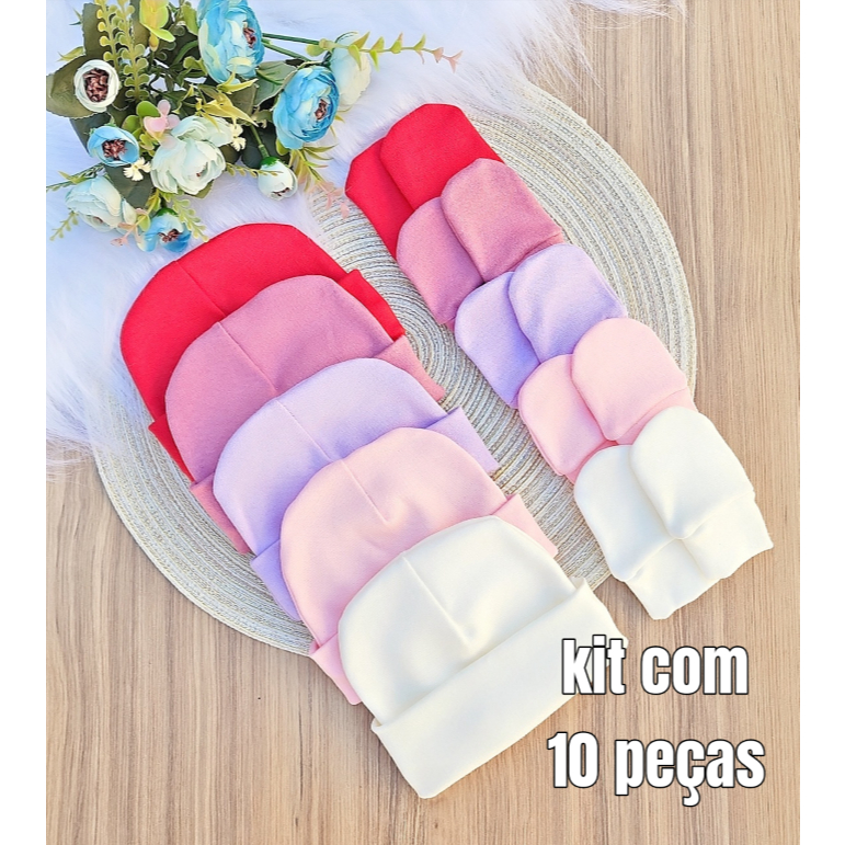 Kit 5 Touca e 5 Luva Para Bebê Recém Nascido 100% Algodão Antialérgico Maternidade Enxoval Gestante