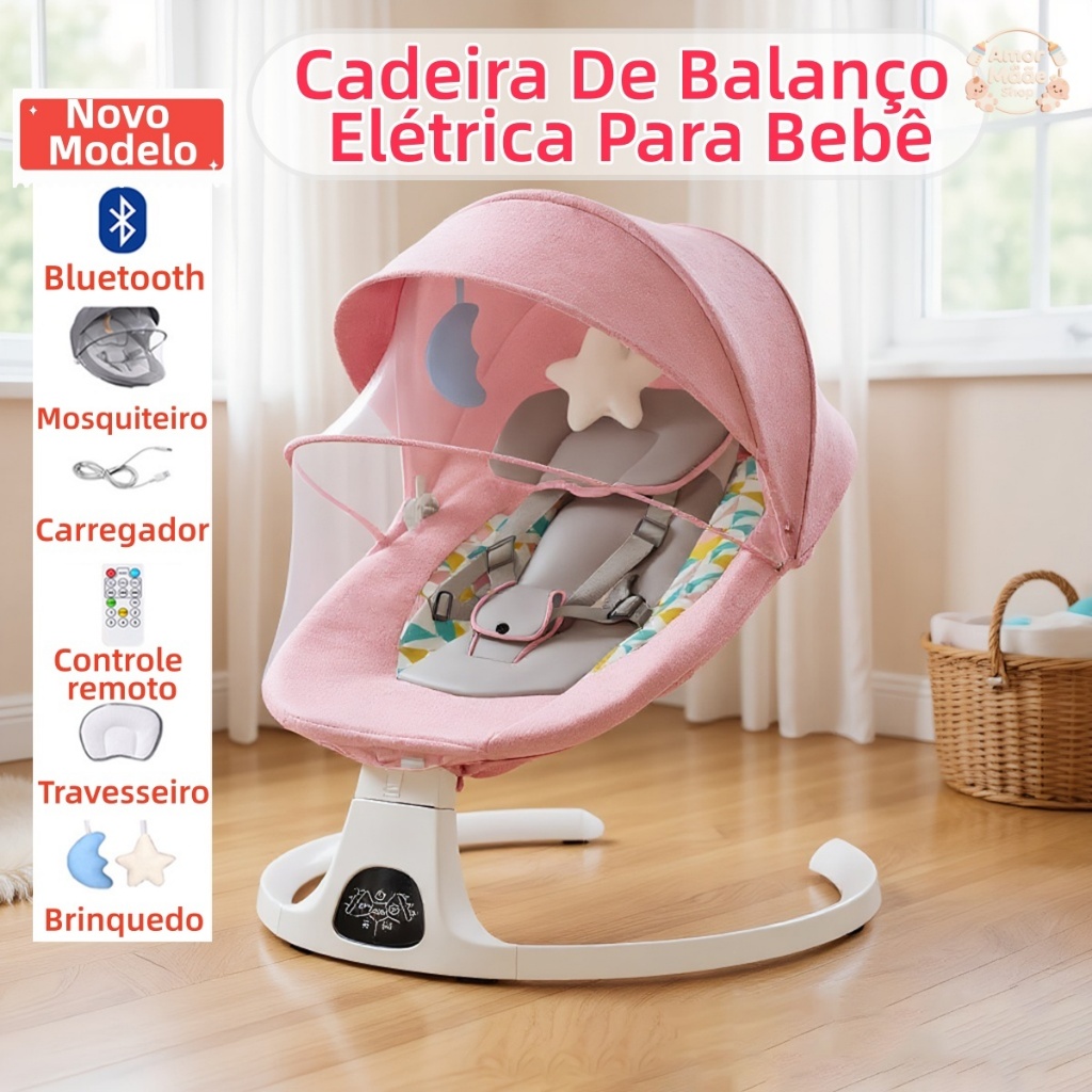 Cadeira de Descanso Balanço para Bebê com Música Mosquiteiro Controle Remoto Premium
