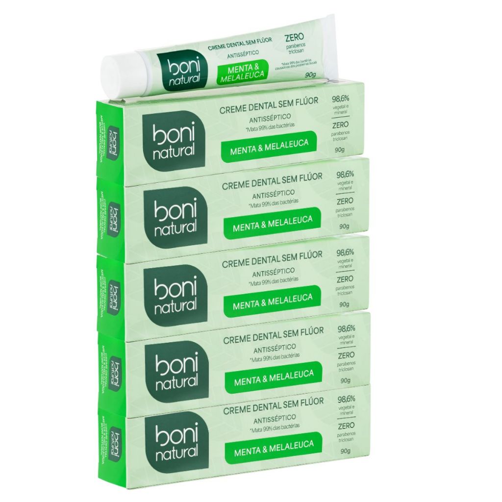 Kit 5 Creme Dental Vegano Natural Menta e Melaleuca Sem Flúor 90g - Boni Natural