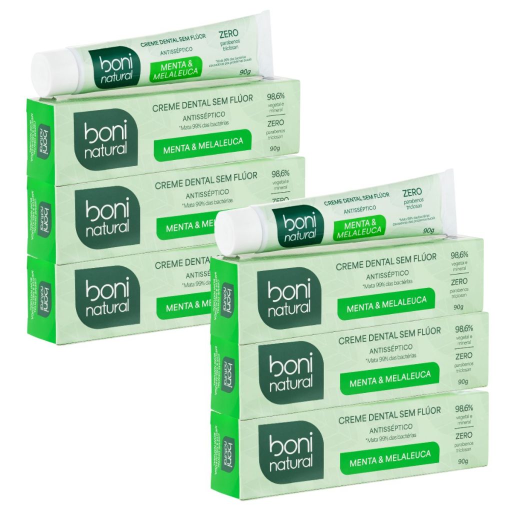 Kit 6 Creme Dental Boni Natural Menta E Melaleuca Sem Flúor
