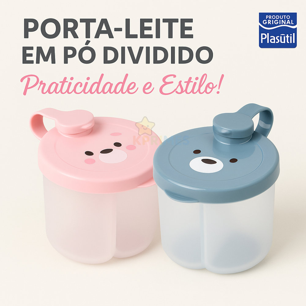 PORTA LEITE EM PÓ Dividido Infantil – Dosador com 3 Compartimentos Urso Plasútil Jardim/Creme/Safari