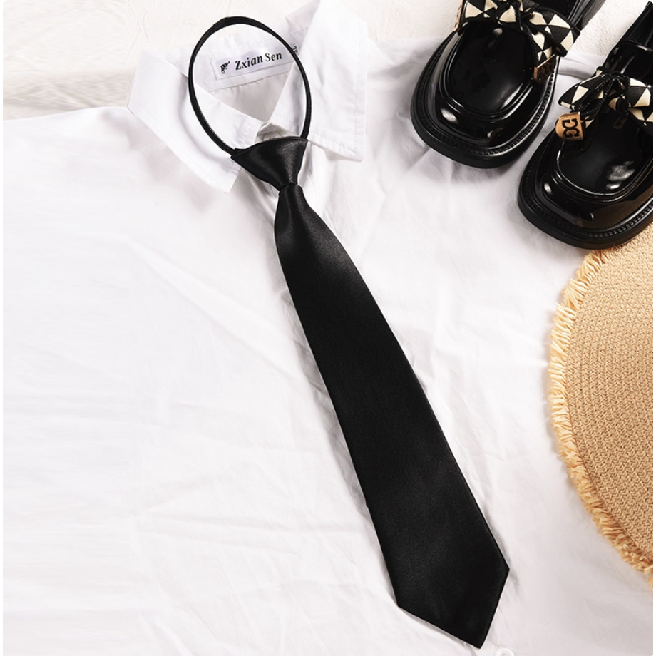 Gravata preta masculina moderna, sem necessidade de nó, estilo casual, jovem e preppy, cor sólida.