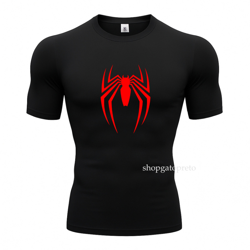 Camiseta Masculina Esportiva Aranha Spider Man Academia Treino Manga Curta Compressão e Ventilação