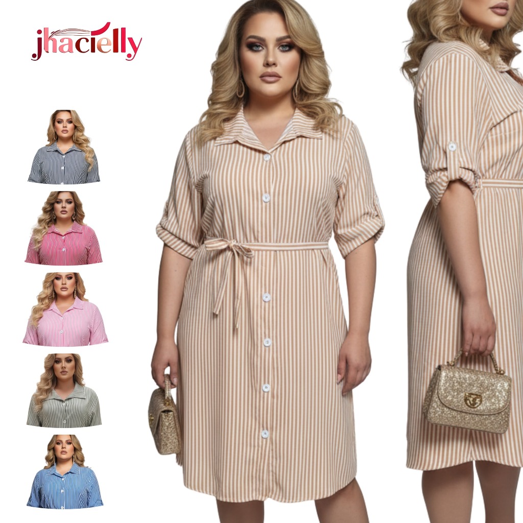 Vestido Chamise Feminina Listrada com  Manga ajustavel com Botão plus size