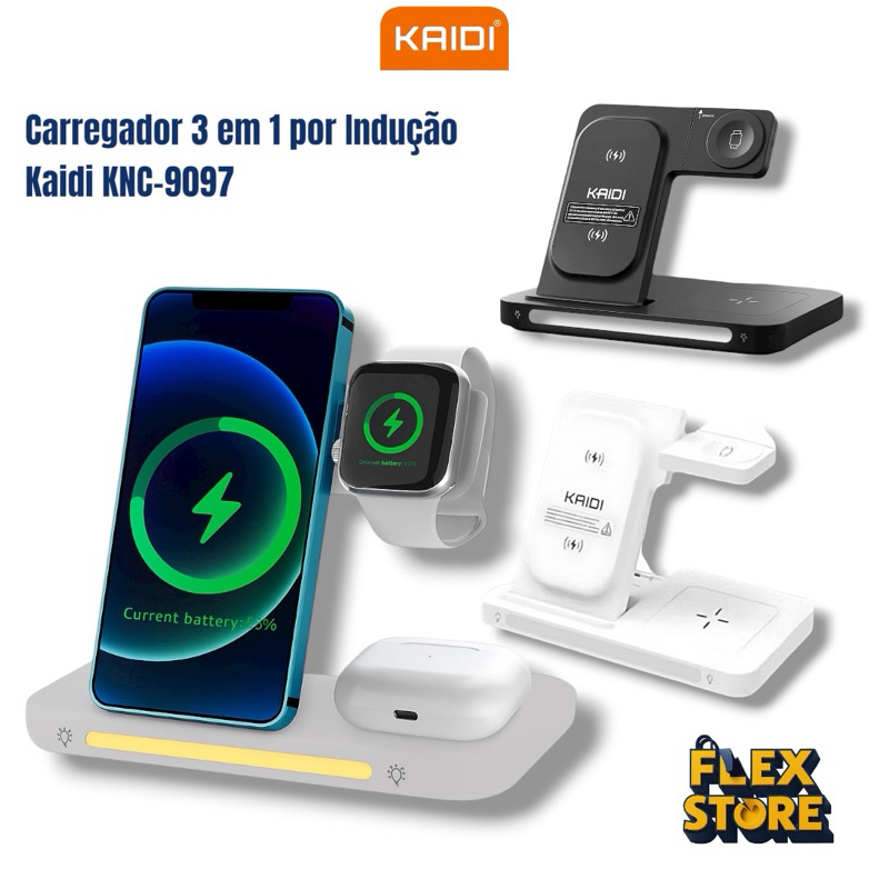 Carregador Sem Fio 3 em 1 Dobrável Kaidi KNC9097 Indução 15W Para Celular Smartwatch Fone Wireless