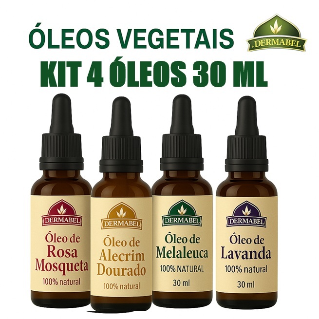 Kit 4 Óleos Melaleuca, Alecrim, Rosa Mosqueta e Lavanda 100% Naturais. Combate Micose, acne Dermabel