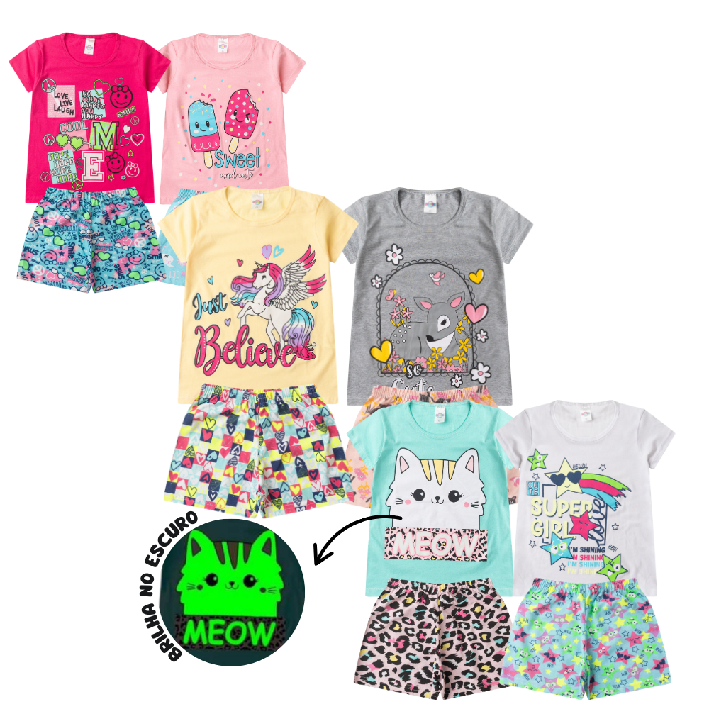 Conjunto Pijama Algodão Verão Juvenil MENINA 10 ao 14 Brilha no Escuro