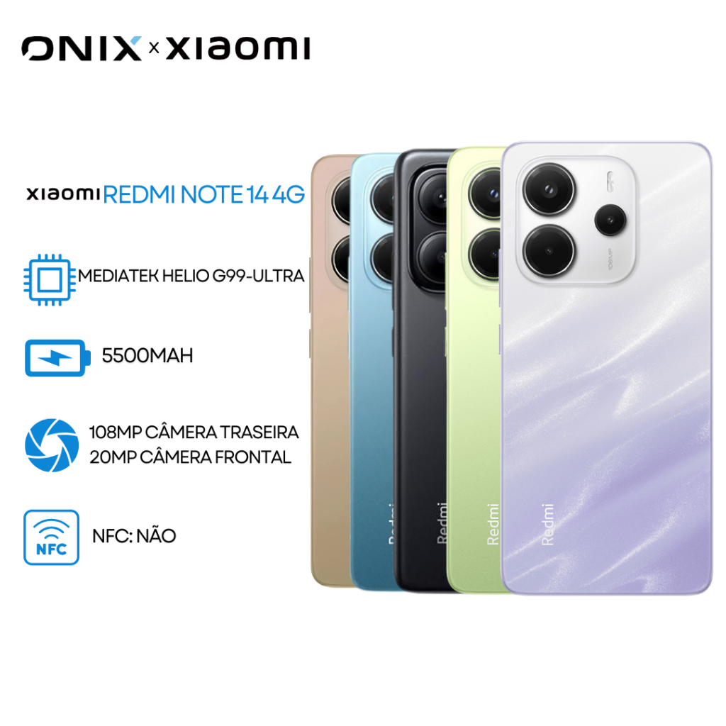 Xiaomi Redmi Note 14 4G,, Processador Helio G99-Ultra, Câmera 108MP, Versão Global128GB+6GB, 256GB+8GB RAM Original
