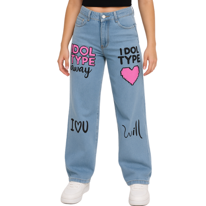 Calça jeans pantalona wide leg infantil com desenho verão  Stitch