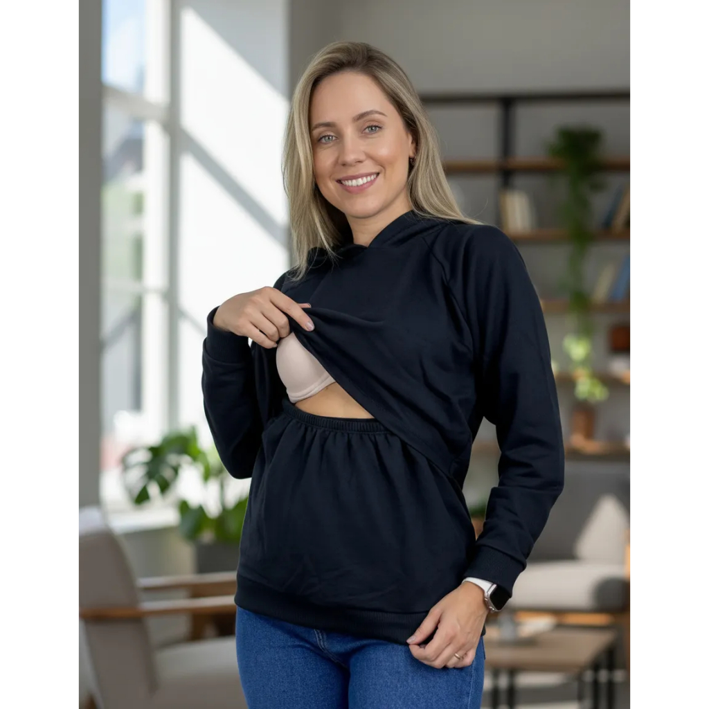 Moletom Amamentação Premium Com Capuz Casaco Blusa de Frio Macio Maternidade Gestante Amamentar