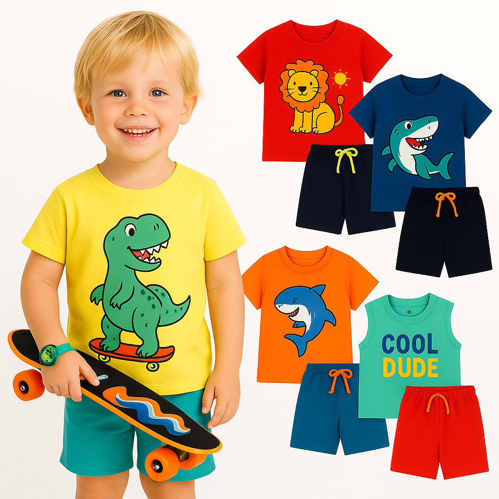 Kit Sortido 2 ou 4 Peça Roupa Infantil Verão Menino Conjunto Infantil Masculino Bebê Verão Camiseta Manga Curta e Shorts