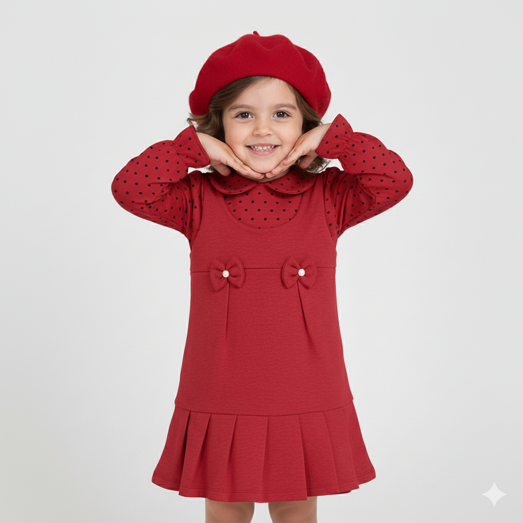 Vestido Estilo Infantil, Tipo Agasalho com Bolinhas e Boina em Tricot Básico, Moda Inverno 2023