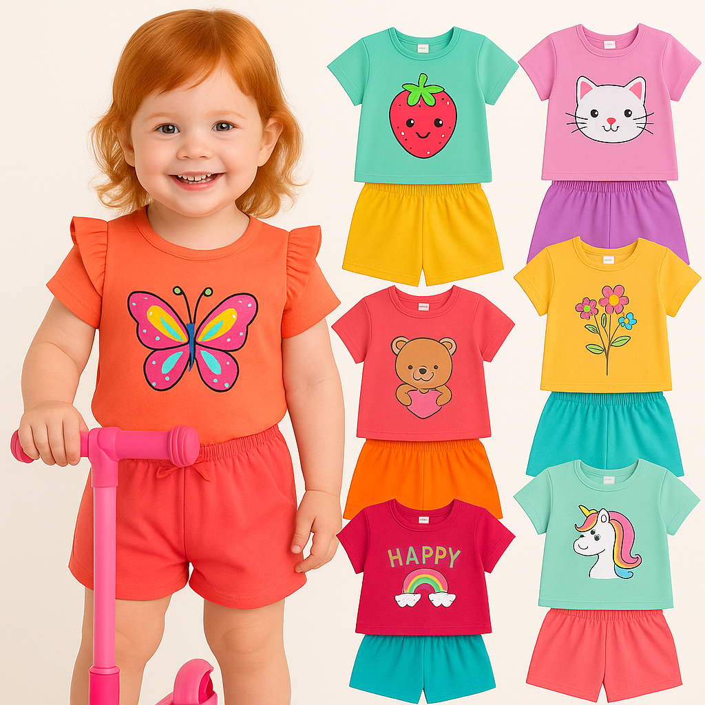 Lote 2 ou 6 peças Infantil Feminino Roupa De Criança Para Menina Baby Look e Shorts Verão 3 ou 1  Conjuntos
