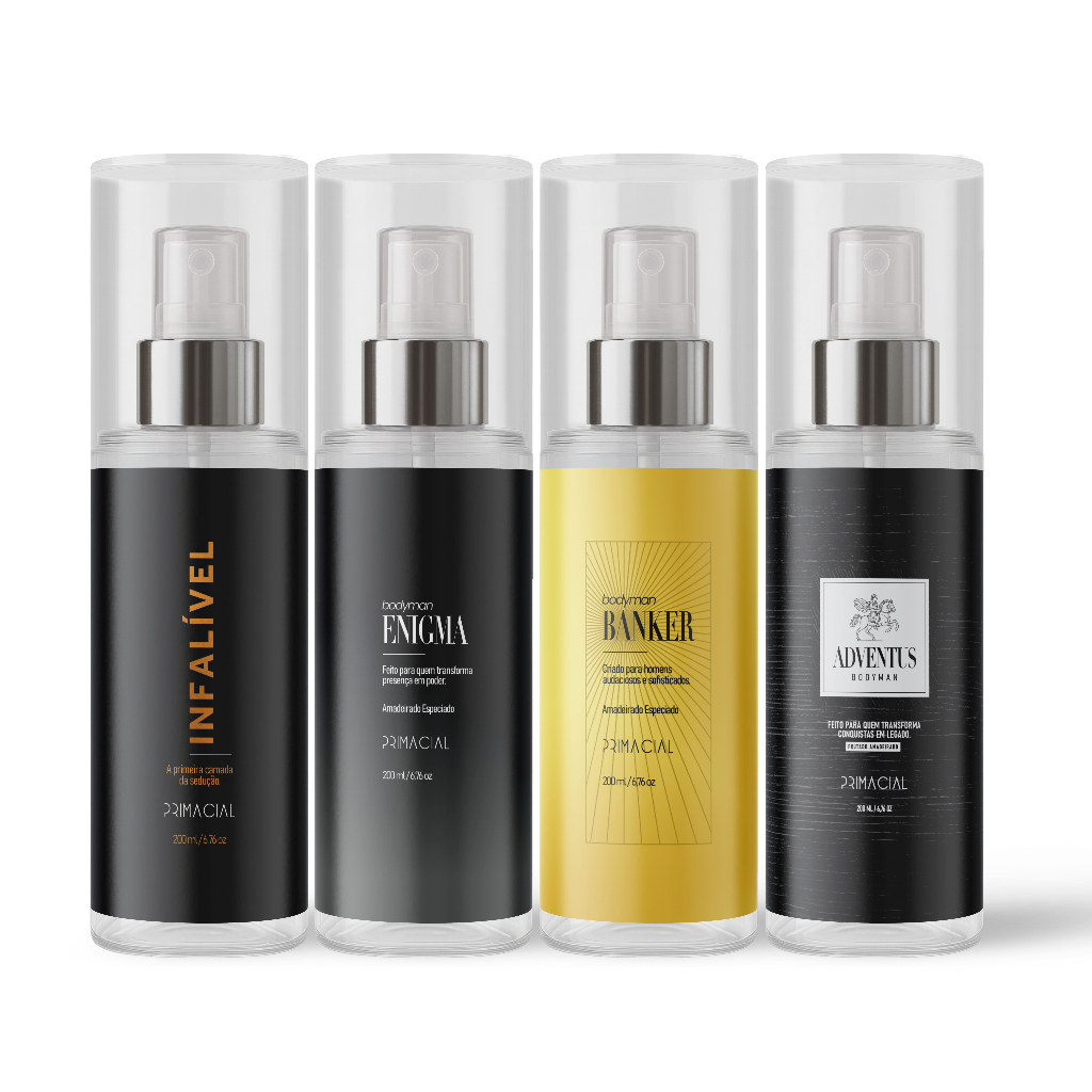 KIT BODY SPLASH MASCULINO INFALIVEL + ENIGMA + BANKER + ADVENTUS 200ML - PRIMACIAL PERFUME ESPECIADO AMADEIRADO