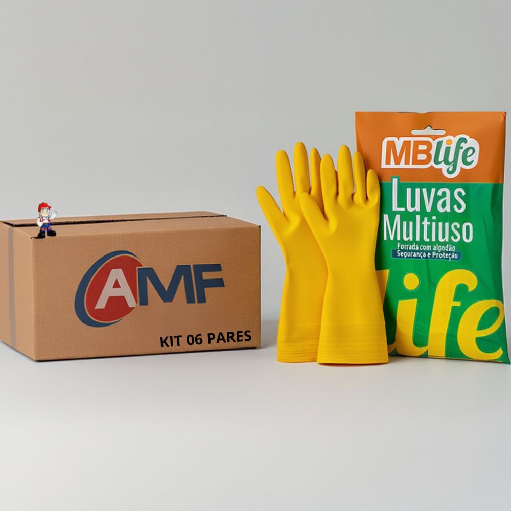 Kit 06 Pares de Luvas de Látex Amarela Flocada Algodao Multiuso: Proteção e Conforto para Limpeza