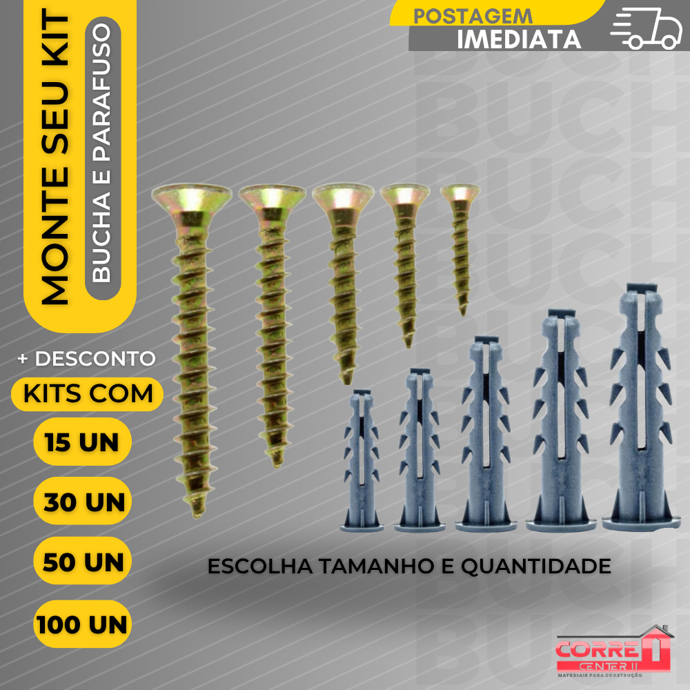 Monte Seu KIT de Parafuso e Bucha  6 - 8 - 10 Parede Kit Bucha com Anel Aba com Parafusos