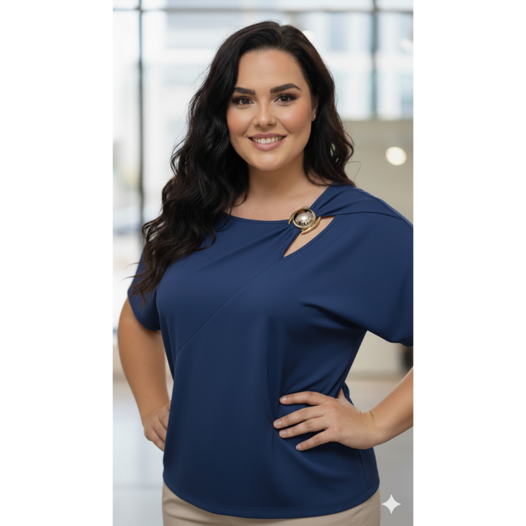 Blusa Plus Size Solta e Fluida - Elegância Sofisticada Detalhe Gota com Joia  4377