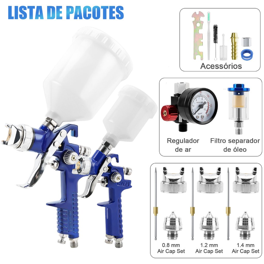 Kit 2 Pistolas Pintura Filtro De Ar Ajustável Pressão 3bicos