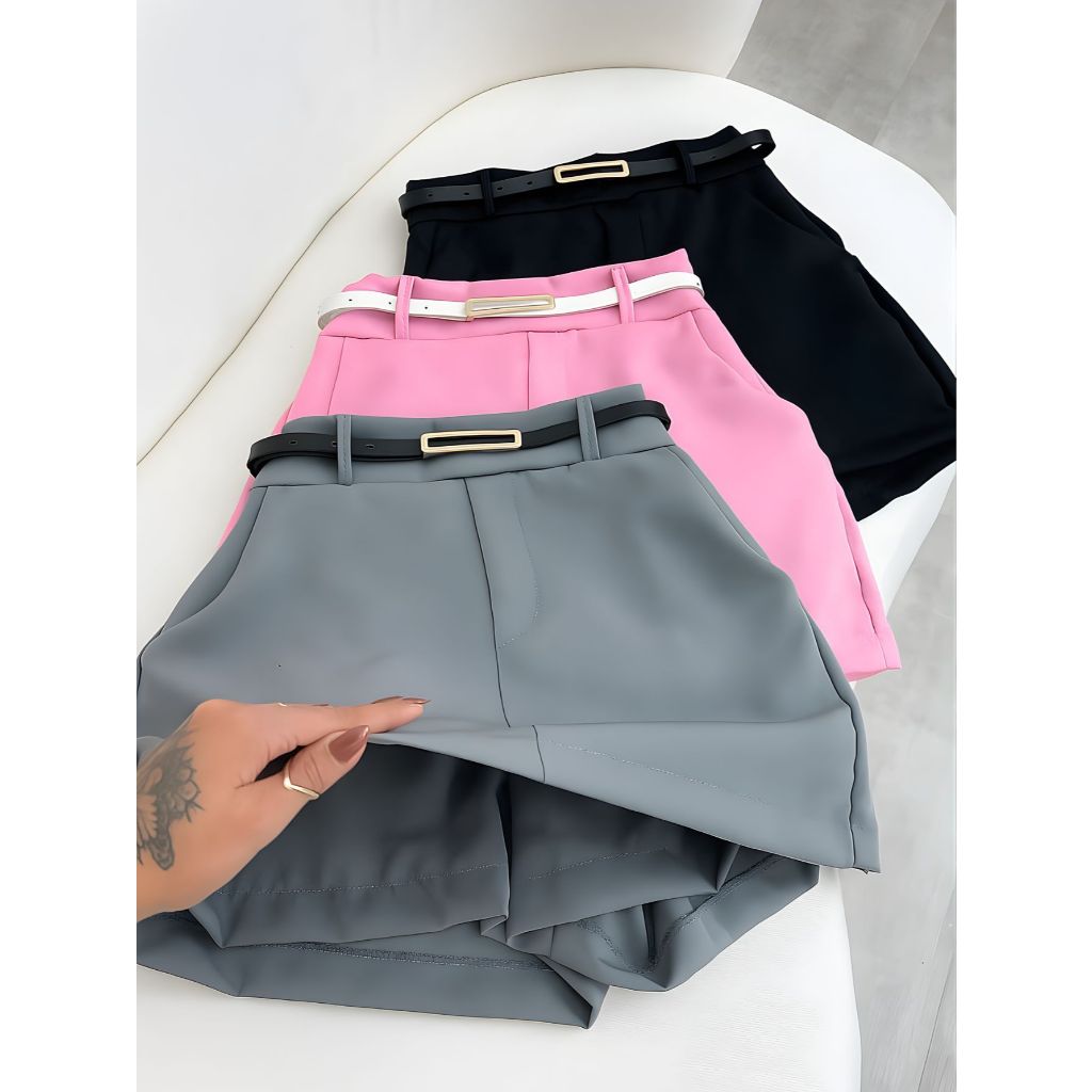 Short Saia Alfaiataria Feminina  com Cinto e Bolsos